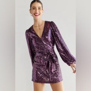Purple Sequin Wrap Tie Waist Disco Mini Short Dress Balloon Sleeve Party M EUC